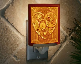 Heart Night Light - Valentine Porcelain Lithophane "Key to My Heart" vintage, heart, clockworks,  Steampunk themed wall plug in accent light