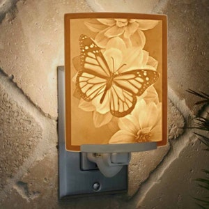 Night Light - Porcelain Lithophane "Butterfly" insect, bug, garden, flower themed wall plug in accent light
