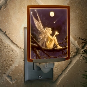 Fairy Night Light - Porcelain Lithophane  "Catch a Falling Star" Colored fantasy themed fairycore plug in accent light