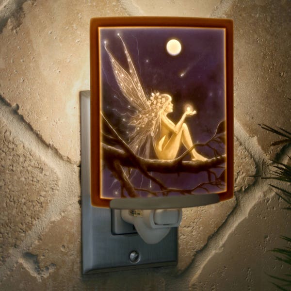 Fairy Night Light - Porcelain Lithophane  "Catch a Falling Star" Colored fantasy themed plug in accent light