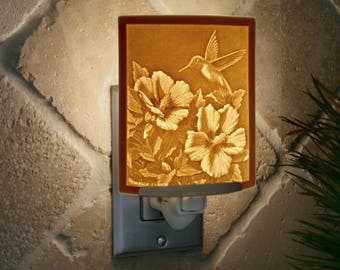 Hummingbird Night Light - Porcelain Lithophane "Hummer's Choice" flower, bird themed plug in accent light