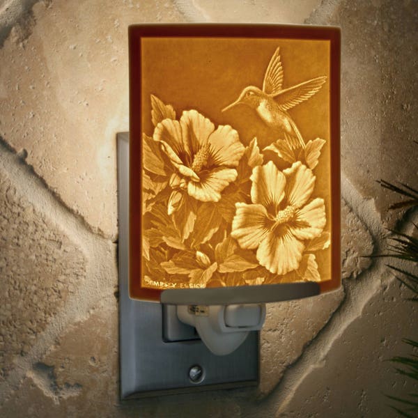 Hummingbird Night Light - Porcelain Lithophane "Hummer's Choice" flower, bird themed plug in accent light