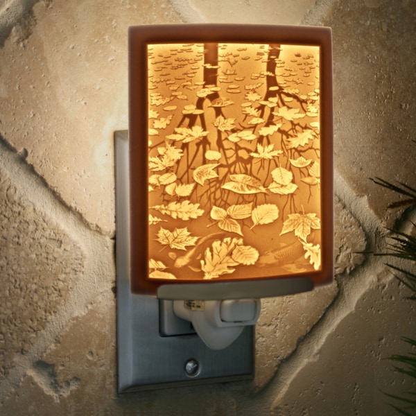 Trees Night Light - Porcelain Lithophane "Still Reflections" Escher, nature, leaves, trees, lake themed wall plug in accent lamp