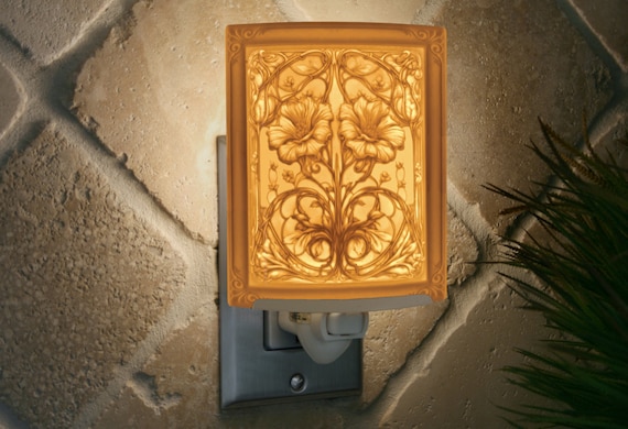 Floral Nouveau Night Light - Porcelain Lithophane  Belle Epoque themed decorative wall plug in