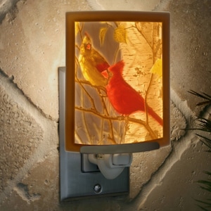 Luz de noche Cardenales - Litofanía de porcelana coloreada: pájaro, naturaleza, luz de acento enchufable de pared con temática de cardenal