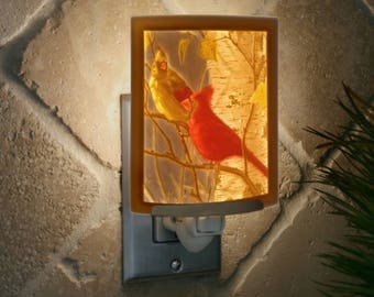 Cardinals Night Light -Colored Porcelain Lithophane: bird, nature, Cardinal themed wall plug in accent light