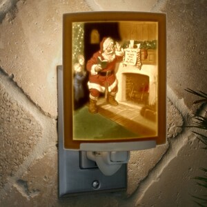 Santa Night Light - Porcelain Lithophane &quot;Santa&#39;s Surprise&quot; Colored Holiday, Christmas, Winter, St Nick themed wall plug in accent lamp