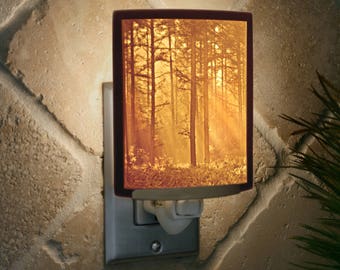 Night Light - Porcelain Lithophane "Woodland Sunbeams",nature, forest, sunray themed plug in accent light