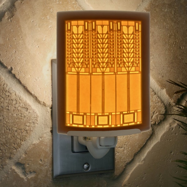 Craftsman Night Light - Porcelain Lithophane "Mission-Prairie Style"  Frank Lloyd Wright inspired, Deco themed wall plug in