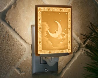 Moon Night Light - Porcelain Lithophane "Man in the Moon" moon, clouds, night sky themed nursery wall plug in accent light