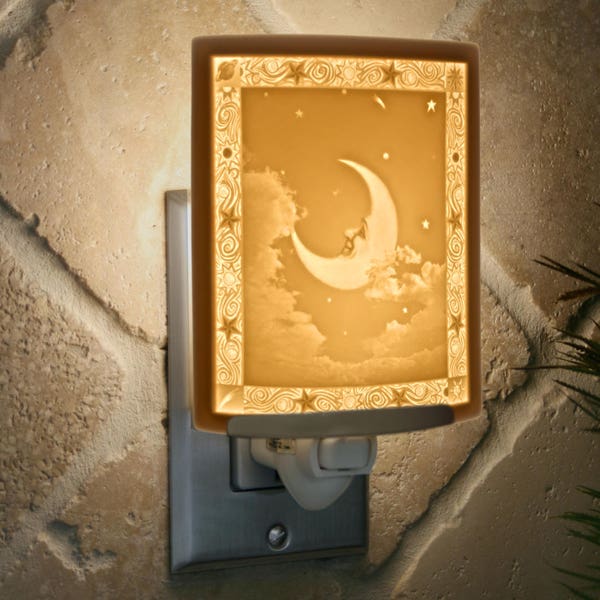 Moon Night Light - Porcelain Lithophane "Man in the Moon" moon, clouds, night sky themed nursery wall plug in accent light