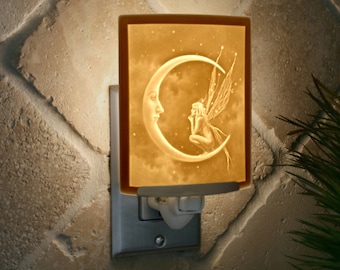 Fairy Night Light - Porcelain Lithophane &quot;Fairy Moon&quot; fantasy, moon, fairy themed plug in accent light