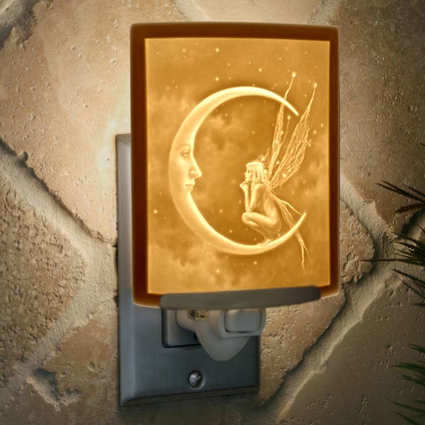 Fairy Night Light - Porcelain Lithophane "Fairy Moon" fantasy, moon, whimsical themed plug in accent light