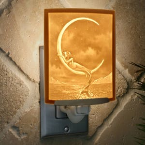 Mermaid Night Light - Porcelain Lithophane &quot;Mermaid and the Moon&quot; fantasy, moon, nautical themed wall plug in accent light