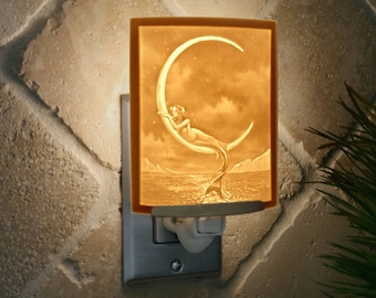 Mermaid Night Light - Porcelain Lithophane "Mermaid and the Moon" fantasy, moon, nautical themed wall plug in accent light