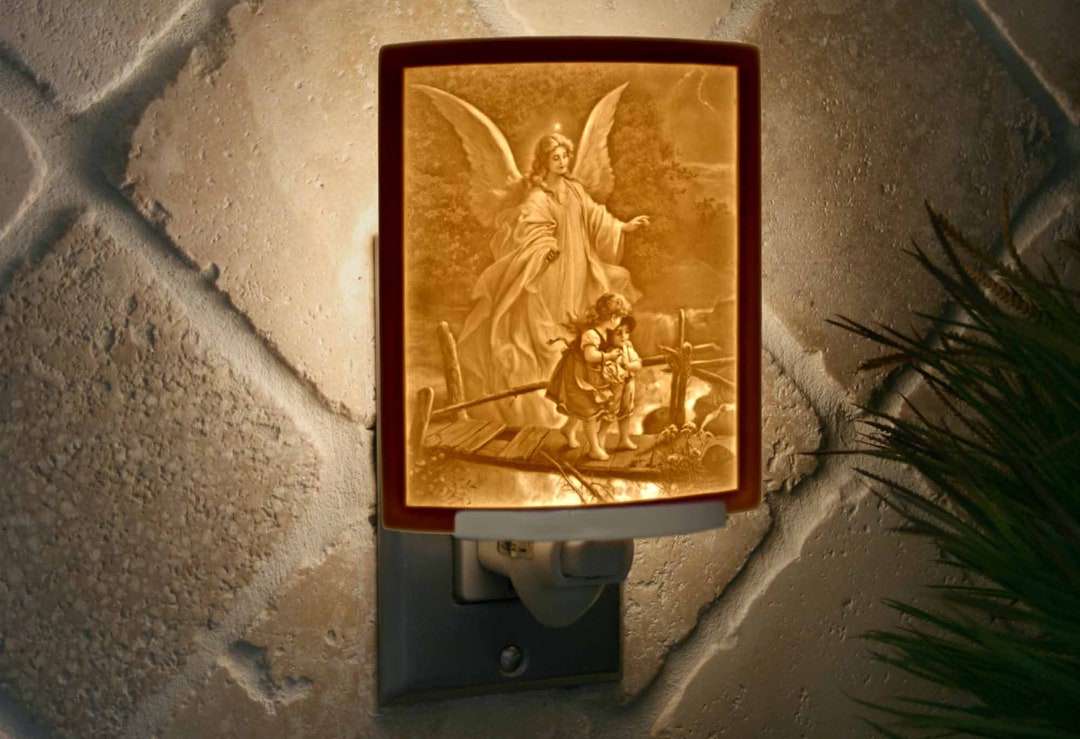 Angel Night Light Porcelain Lithophane angel at the Bridge Guardian Angel, Christian, Catholic