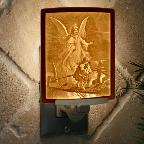 Night Light - Porcelain Lithophane "Angel at the Bridge" Guardian Angel, Christian, Catholic, nursery themed wall plug in accent light