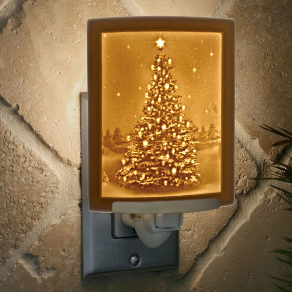 Christmas Tree Night Light - Porcelain Lithophane  holiday, winter, yuletide themed wall plug in accent light