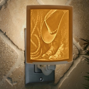 Cowboy Night Light - Porcelain  Lithophane &quot;Call it a Day&quot; Western, cowboy, ranch, hat, boots themed wall plug in accent lamp
