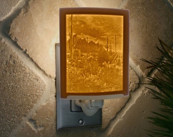 Desert Night Light - Porcelain Lithophane "Desert Daybreak"-  cactus, western, high desert themed night light