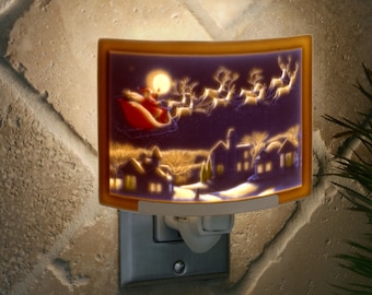 Santa's Flight Colored Porcelain Lithophane Night Light holiday, Christmas, Yuletide, winter themed wall plug in accent lamp