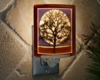 Moon Night Light - Colored Porcelain Lithophane  "Midnight Moon" tree, moon, nightime nature moon themed wall plug in accent light