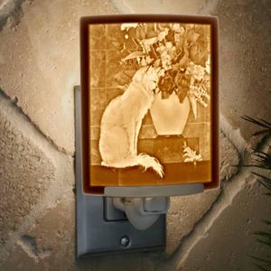 Cat Night Light - Porcelain Lithophane "Cat with Flowers" kitty, animal, feline themed wall plug in accent light