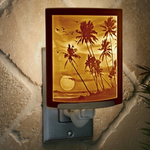 Tropical Sunset Night Light - Porcelain Lithophane palm tree, island, beach themed plug in accent light