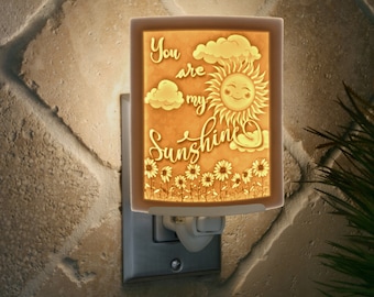 Night Light - Porcelain Lithophane "You are my Sunshine" love, grandchild, sun, happy themed wall plug in accent lamp