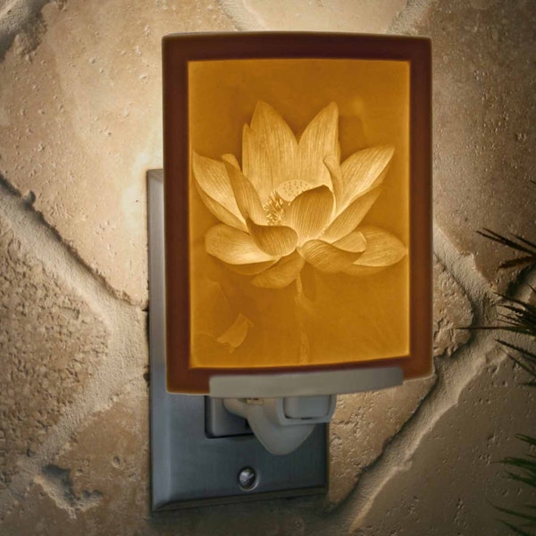 Lotus Night Light - Porcelain Lithophane "Lotus Flower" floral, nature, Asian, garden themed wall plug in accent light