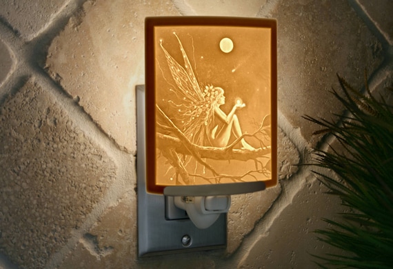 Fairy Night Light - Porcelain Lithophane "Catch a Falling Star" fantasy whimsical plug in accent light