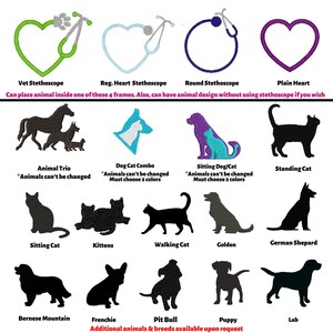 May include: A collection of embroidered animal designs and heart-shaped frames, including stethoscopes and various dog and cat breeds. Text includes "Vet Stethoscope," "Animal Trio," and "Puppy." Additional animals and breeds are available upon request.