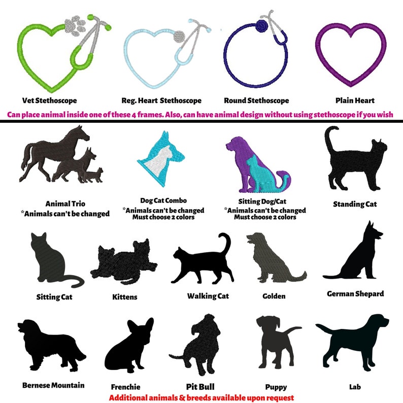 May include: A collection of embroidered animal designs and heart-shaped frames, including stethoscopes and various dog and cat breeds. Text includes "Vet Stethoscope," "Animal Trio," and "Puppy." Additional animals and breeds are available upon request.