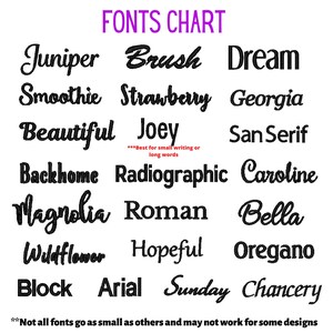 May include: A fonts chart with various font styles in black text on a white background. The chart includes fonts like Juniper, Brush, Dream, Smoothie, Strawberry, Georgia, Beautiful, Joey, San Serif, Backhome, Radiographic, Caroline, Magnolia, Roman, Bella, Wildflower, Hopeful, Oregano, Block, Arial, Sunday, and Chancery.