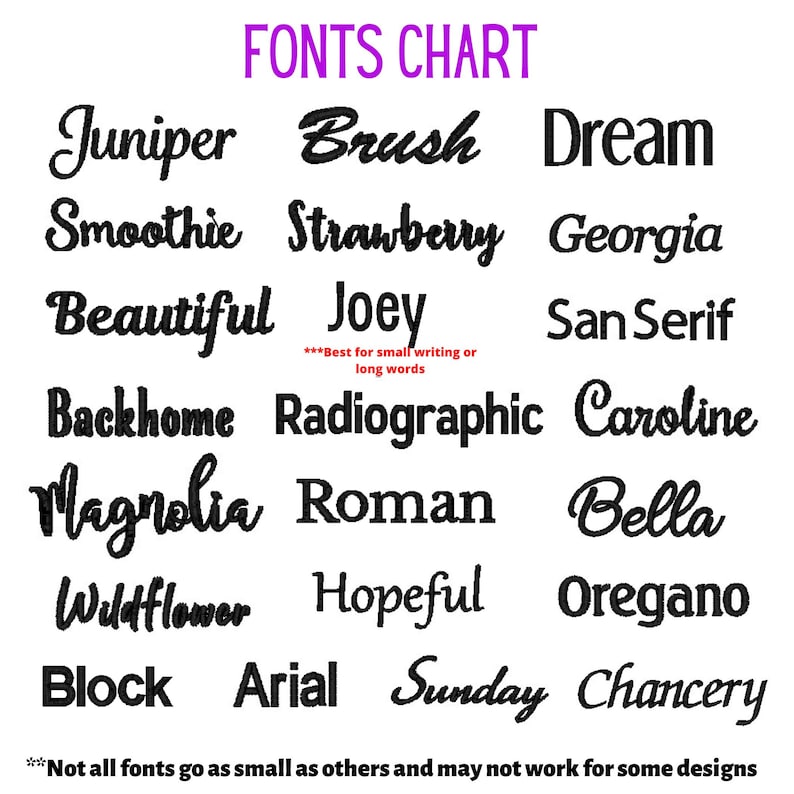 May include: A fonts chart with various font styles in black text on a white background. The chart includes fonts like Juniper, Brush, Dream, Smoothie, Strawberry, Georgia, Beautiful, Joey, San Serif, Backhome, Radiographic, Caroline, Magnolia, Roman, Bella, Wildflower, Hopeful, Oregano, Block, Arial, Sunday, and Chancery.