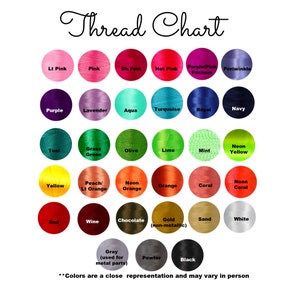 May include: A thread chart featuring a variety of colors, including pinks, purples, greens, yellows, oranges, reds, browns, and neutrals. The chart is labeled "Thread Chart" in cursive script, with each color displayed in a circular swatch.
