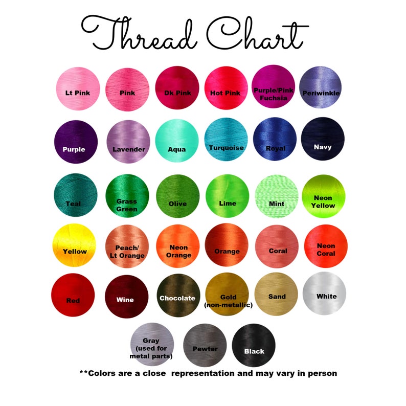 May include: A thread chart featuring a variety of colors, including pinks, purples, greens, yellows, oranges, reds, browns, and neutrals. The chart is labeled "Thread Chart" in cursive script, with each color displayed in a circular swatch.