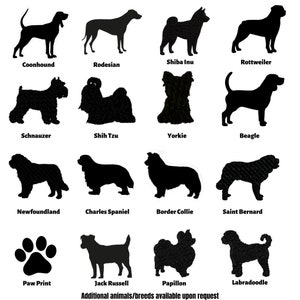 May include: A collection of black dog silhouettes, including a Coonhound, Rhodesian, Shiba Inu, Rottweiler, Schnauzer, Shih Tzu, Yorkie, Beagle, Newfoundland, Charles Spaniel, Border Collie, Saint Bernard, Jack Russell, Papillon, and Labradoodle. A paw print is also shown. Text reads: Additional animals/breeds available upon request.