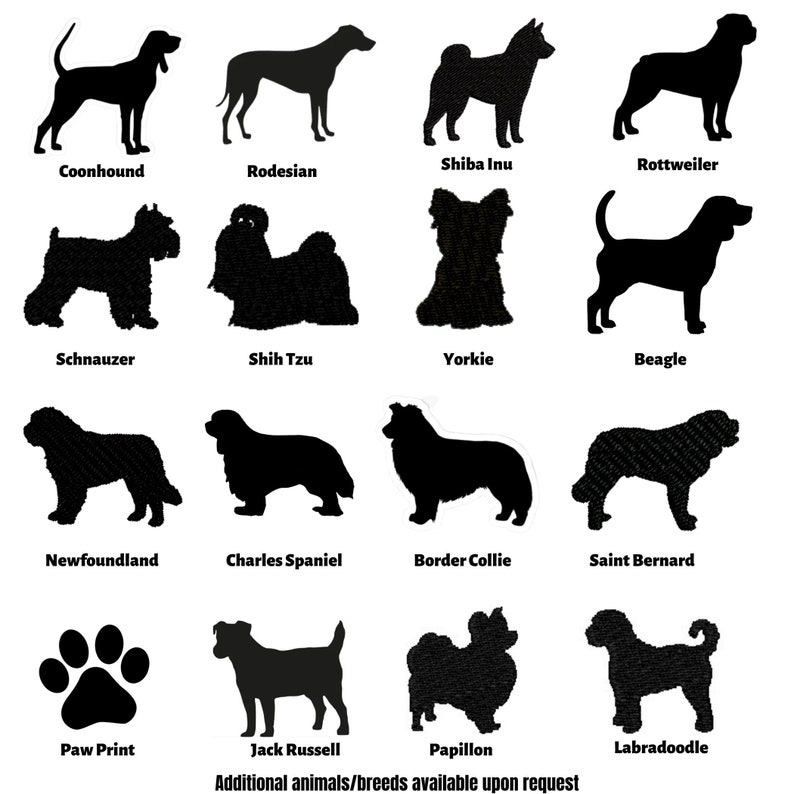 May include: A collection of black dog silhouettes, including a Coonhound, Rhodesian, Shiba Inu, Rottweiler, Schnauzer, Shih Tzu, Yorkie, Beagle, Newfoundland, Charles Spaniel, Border Collie, Saint Bernard, Jack Russell, Papillon, and Labradoodle. A paw print is also shown. Text reads: Additional animals/breeds available upon request.