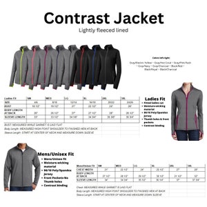 May include: A display of contrast jackets in various colors, including gray, black, and navy, with accent colors like yellow, red, and blue. The image includes size charts for both ladies' and men's fits, detailing measurements in inches.