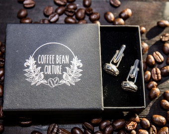 Hinitan Plantation Barako Liberica Coffee Bean Sterling Silver Cuff Links, Valentines, barista, gift for him, groomsmen wedding