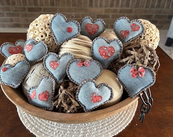 Farmhouse Decor, set of 12 Fabric heart bowl fillers, Tiered tray accents