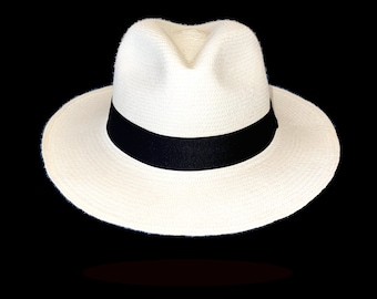 Fedora Genuine PANAMA HAT ADJUSTABLE size, white plain black band
