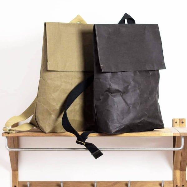 Black washable paper backpack, recycled material bag, vegan backpack, eco friendly bag, unique backpack, naturat backpack, cotton strap bag