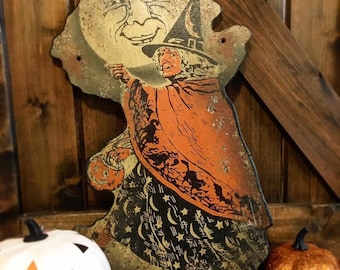 WALKING WITCH - Halloween Vintage Faux Tin Sign