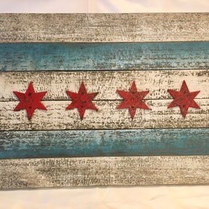 Wooden Chicago Flag with faux Metal Stars 20"x30" hand made vintage wood flag