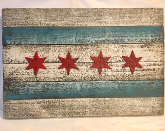 Wooden Chicago Flag with faux Metal Stars 20"x30" hand made vintage wood flag