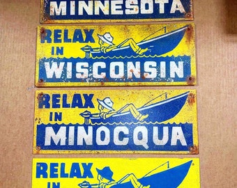 Customizable “RELAX IN Wisconsin” vintage faux metal cabin signs.