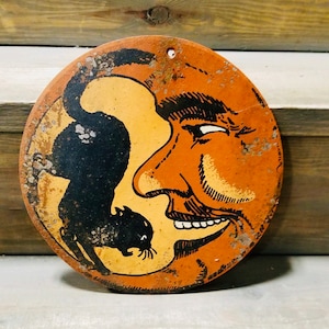 Cat and Moon Halloween sign vintage faux tin
