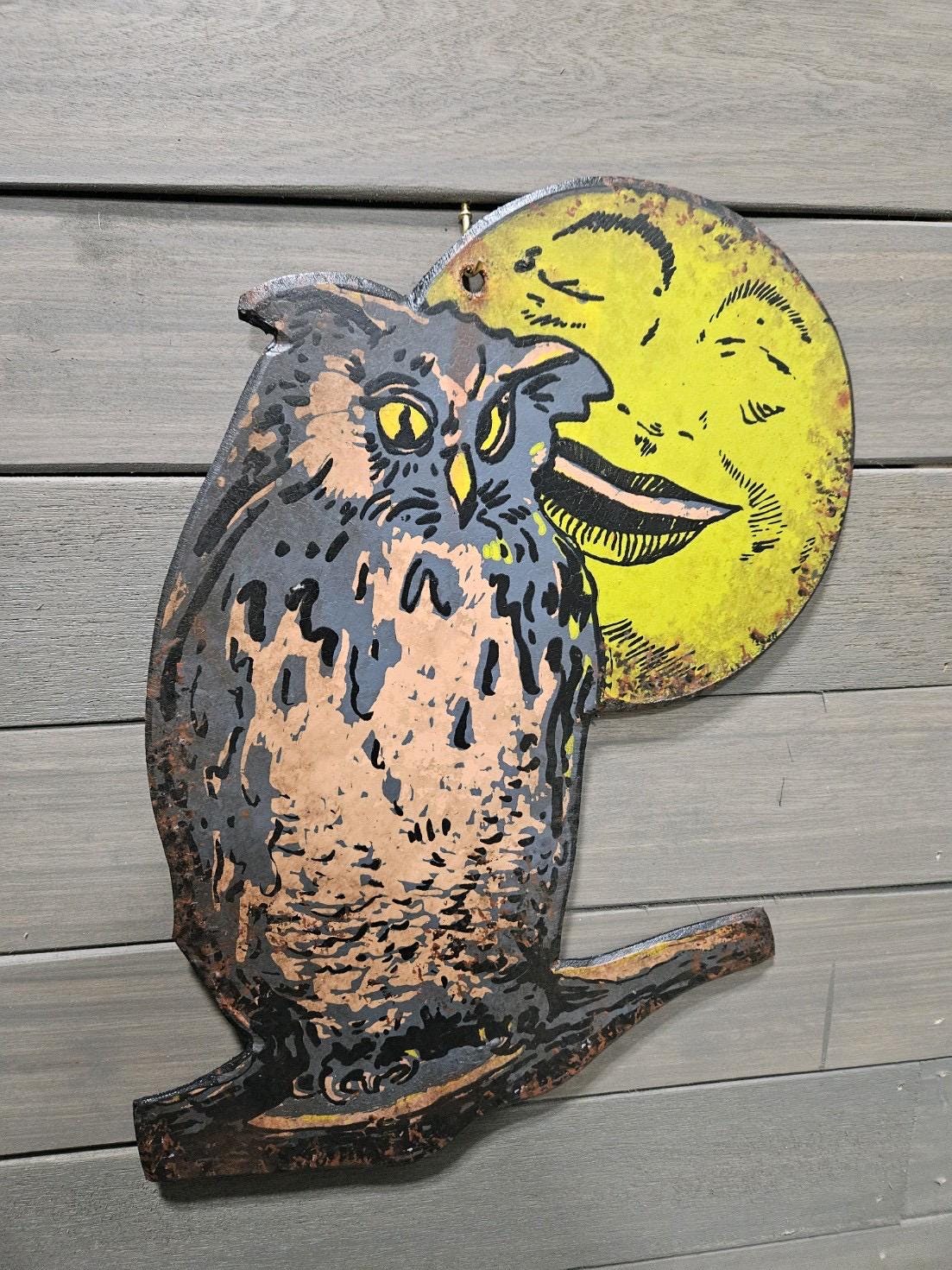 SMILING MOON and OWL faux vintage Halloween sign reproduction